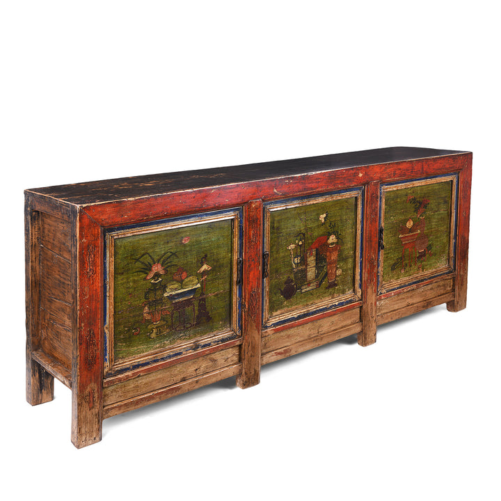 Angled View Of 19th Century Qinghai Painted Three Door Sideboard With Scholarly Motifs And Original Grain Store Form | Indigo Antiques