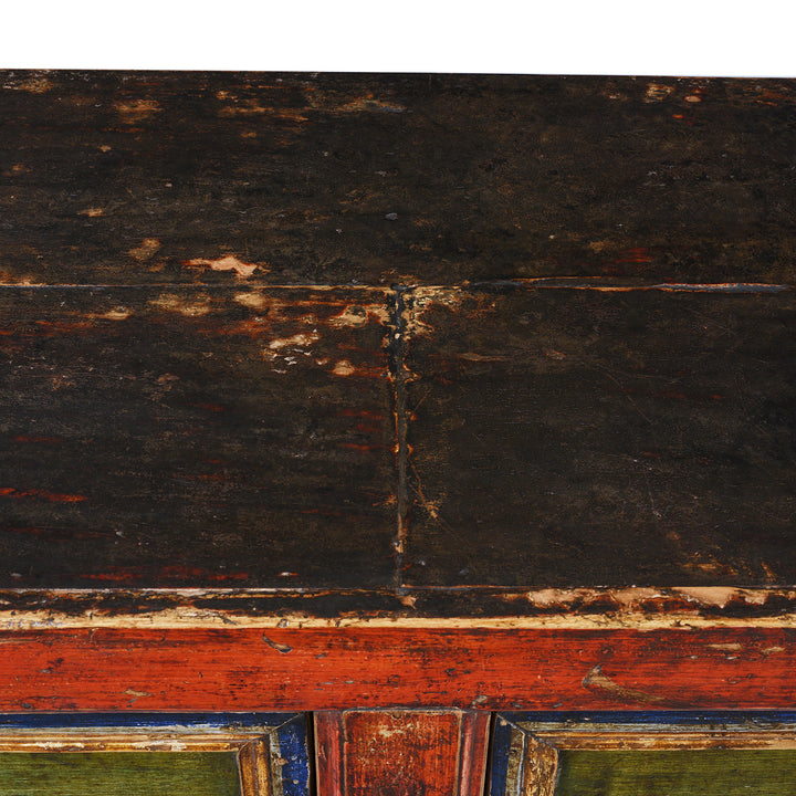 Detail From The Top Of 19th Century Qinghai Painted Three Door Sideboard With Scholarly Motifs And Original Grain Store Form | Indigo Antiques