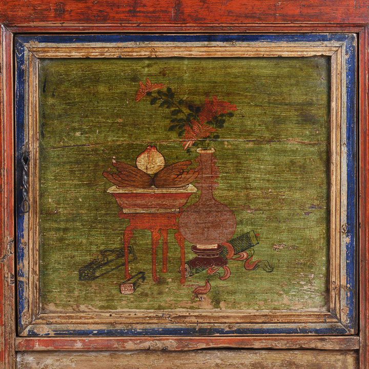 Door Artwork Detail From 19th Century Qinghai Painted Three Door Sideboard With Scholarly Motifs And Original Grain Store Form | Indigo Antiques