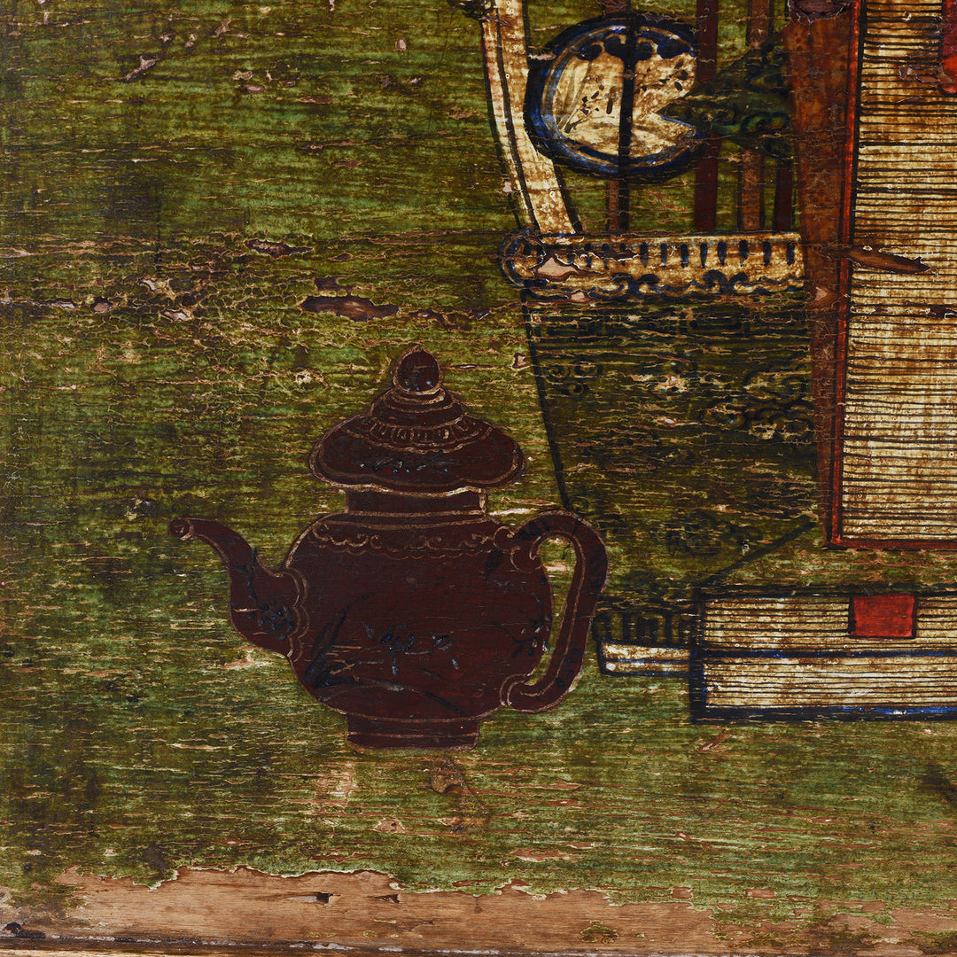 Door Artwork Detail From 19th Century Qinghai Painted Three Door Sideboard With Scholarly Motifs And Original Grain Store Form | Indigo Antiques