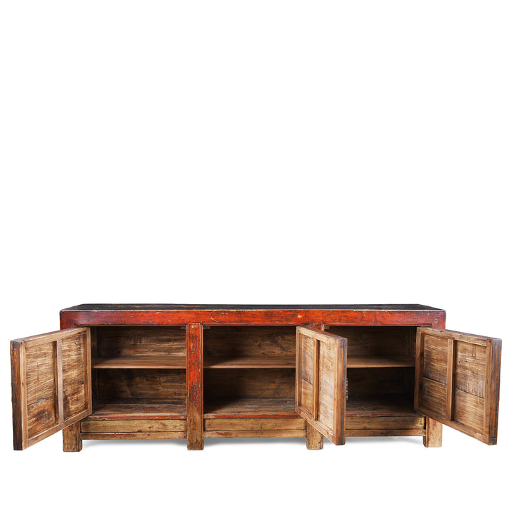 Open Doors VIew Of 19th Century Qinghai Painted Three Door Sideboard With Scholarly Motifs And Original Grain Store Form | Indigo Antiques