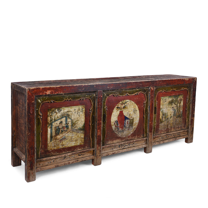 Angled View Of Antique Chinese 3 Door Painted Sideboard | Indigo Antiques