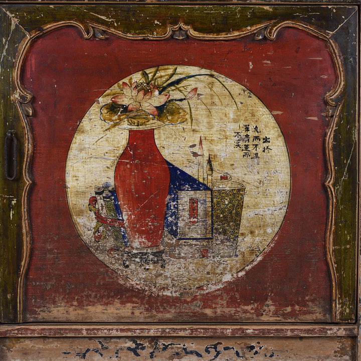 Door Detail Showing Wise Objects From Antique Chinese 3 Door Painted Sideboard | Indigo Antiques