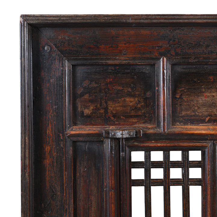 Corner Detail Showing Paint On Antique Chinese Elm Window With Latticework And Painted Panels