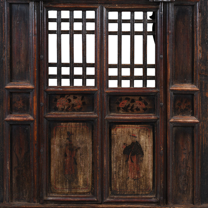 Central Hinged Windows Detail From Antique Chinese Elm Window With Latticework And Painted Panels