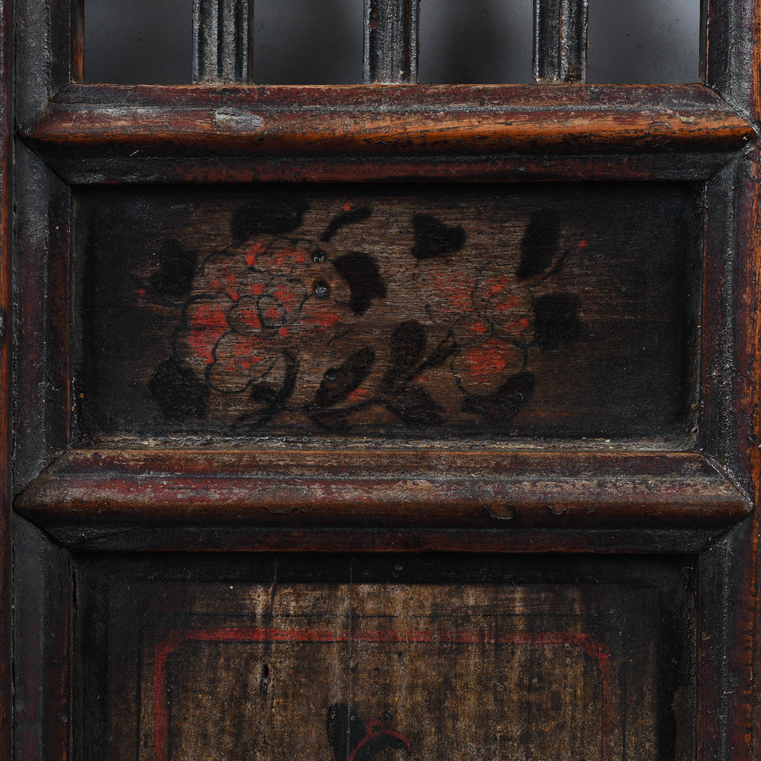 Paintwork Detail From Antique Chinese Elm Window With Latticework And Painted Panels