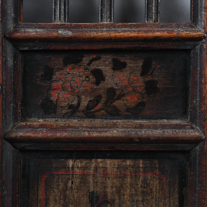 Paintwork Detail From Antique Chinese Elm Window With Latticework And Painted Panels