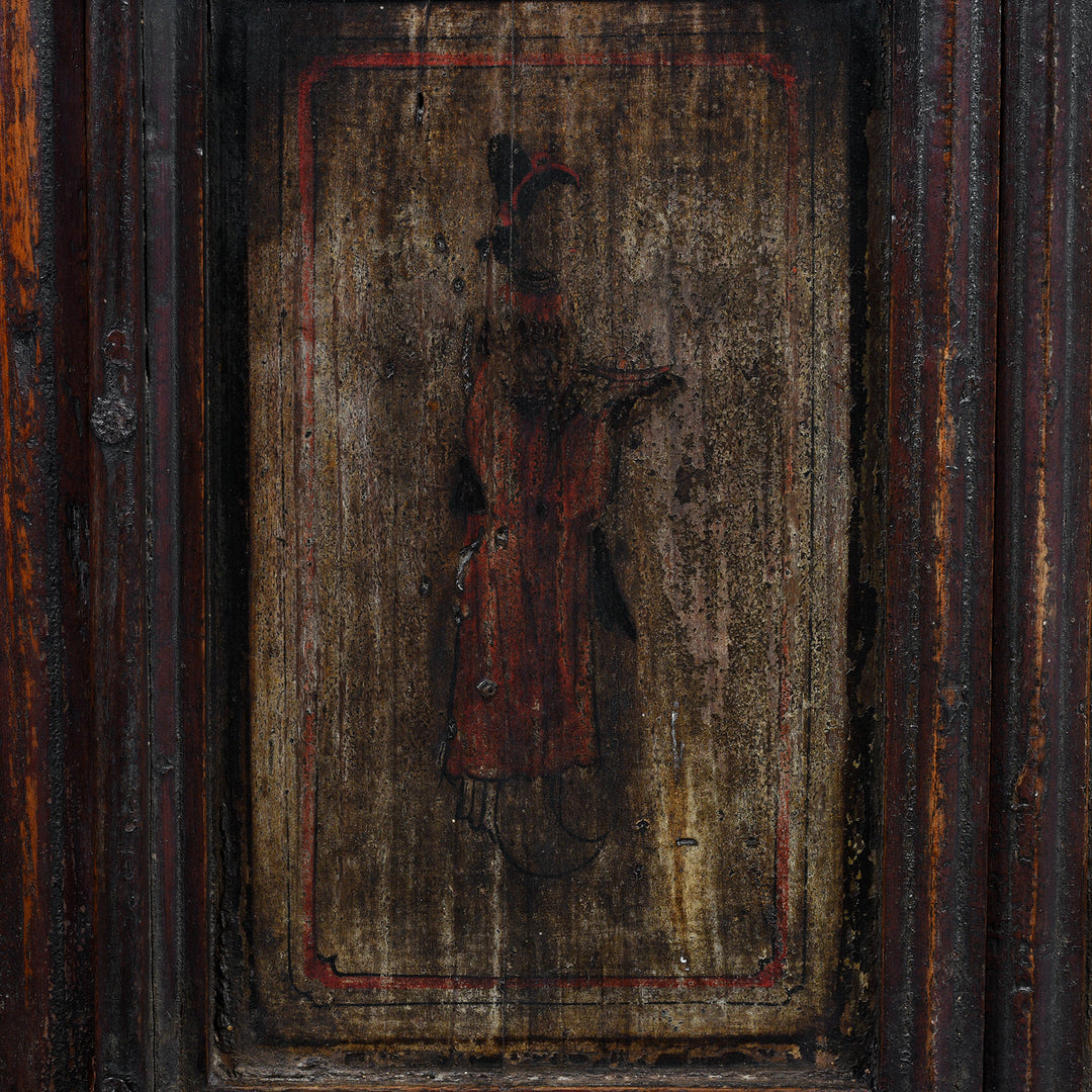Paintwork Detail From Antique Chinese Elm Window With Latticework And Painted Panels