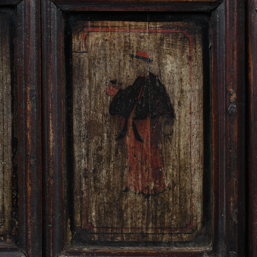 Paintwork Detail From Antique Chinese Elm Window With Latticework And Painted Panels