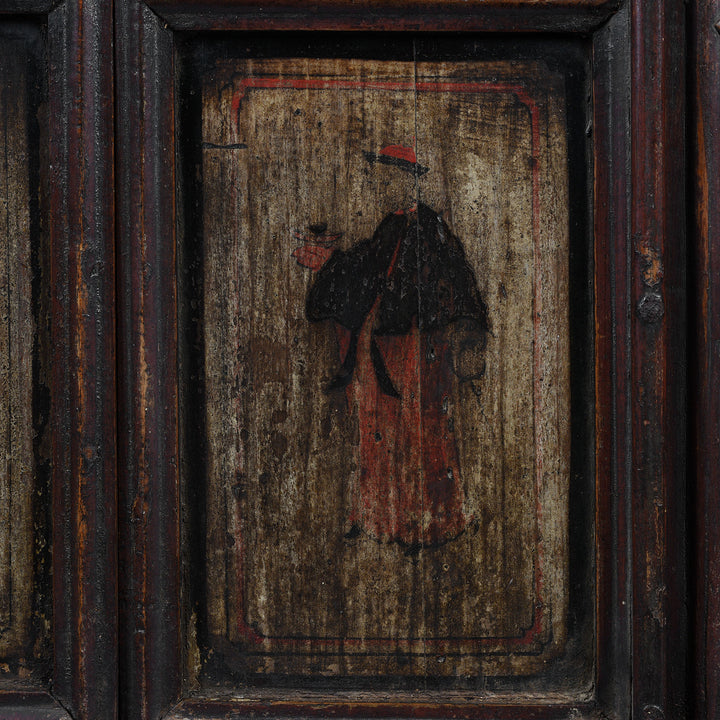 Paintwork Detail From Antique Chinese Elm Window With Latticework And Painted Panels