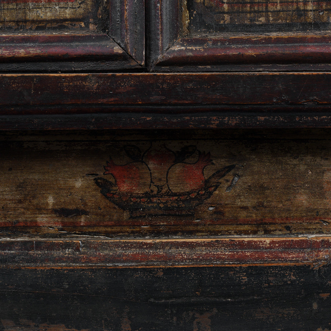 Paintwork Detail From Antique Chinese Elm Window With Latticework And Painted Panels