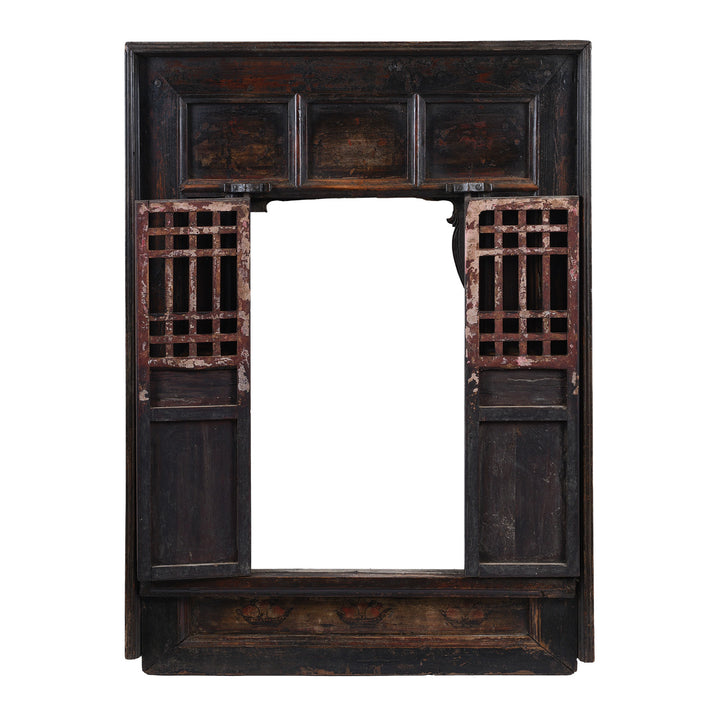 Open View Of Antique Chinese Elm Window With Latticework And Painted Panels
