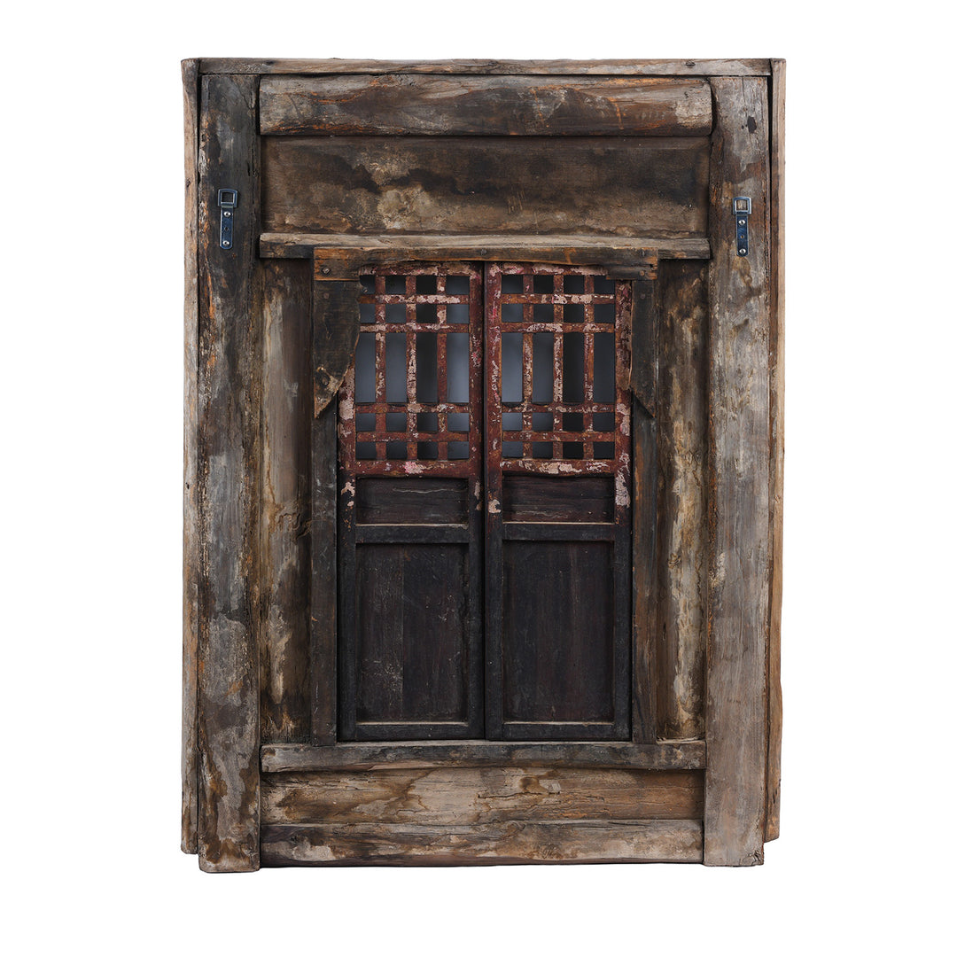 Back Of Antique Chinese Elm Window With Latticework And Painted Panels