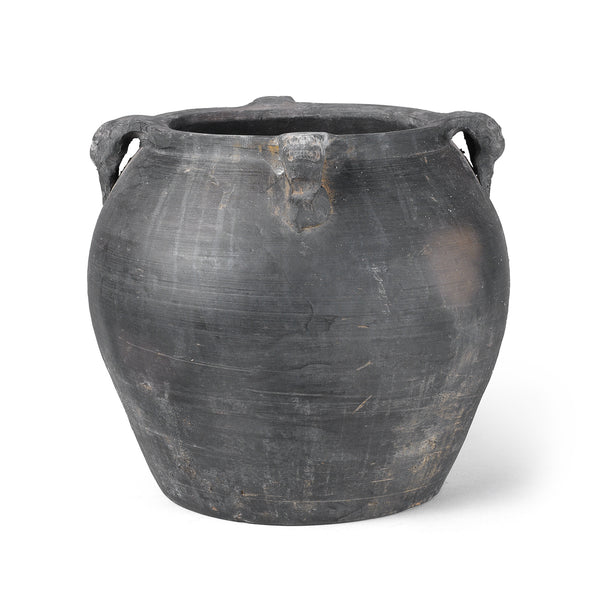 19th Century Chinese Shanxi Earthenware Storage Jar With Carved Creature Head Handles And Wabi Sabi Surface