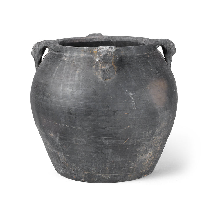 19th Century Chinese Shanxi Earthenware Storage Jar With Carved Creature Head Handles And Wabi Sabi Surface