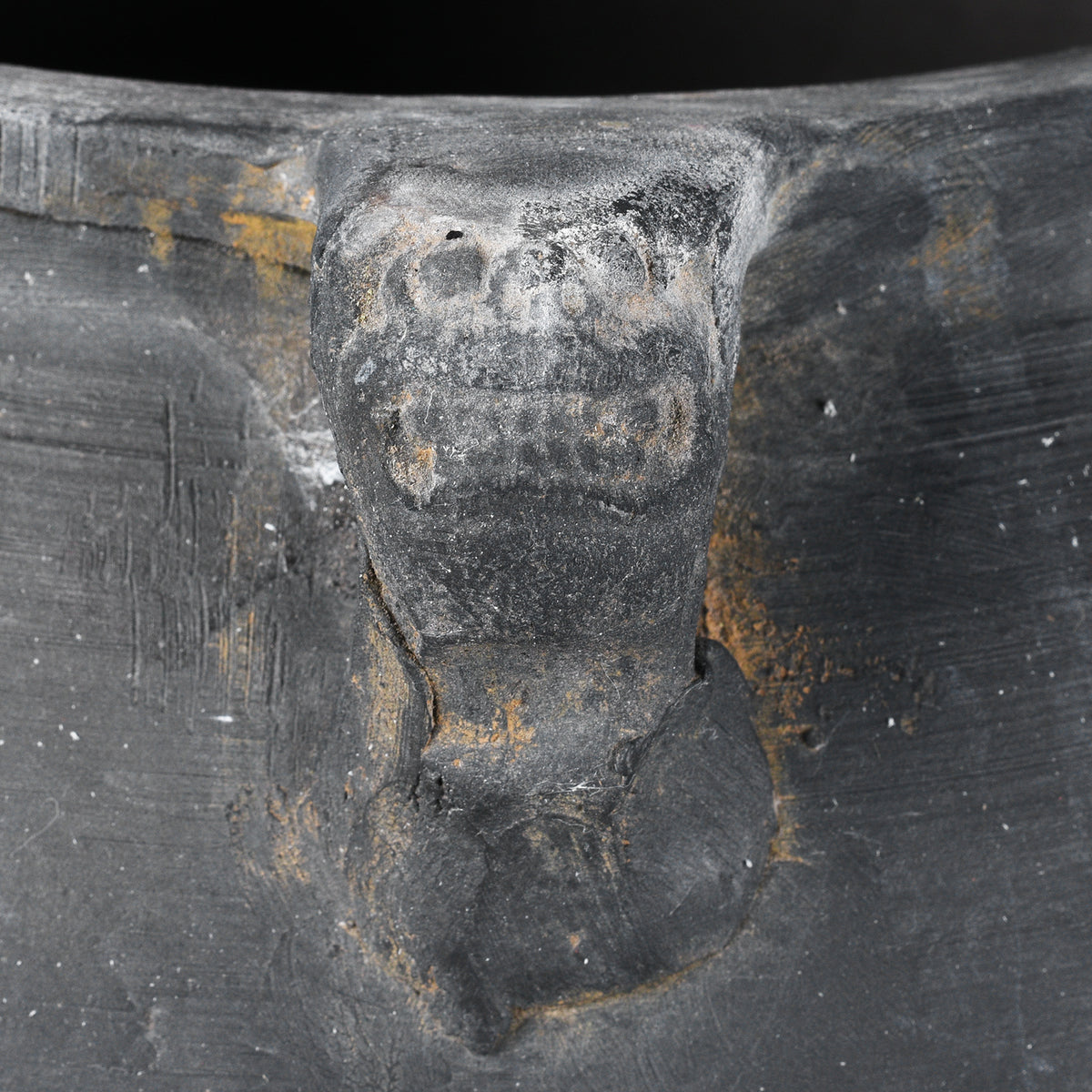 Face Detail From 19th Century Chinese Shanxi Earthenware Storage Jar With Carved Creature Head Handles And Wabi Sabi Surface