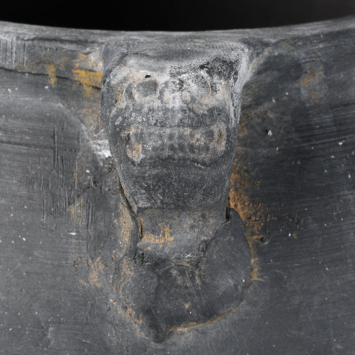 Face Detail From 19th Century Chinese Shanxi Earthenware Storage Jar With Carved Creature Head Handles And Wabi Sabi Surface