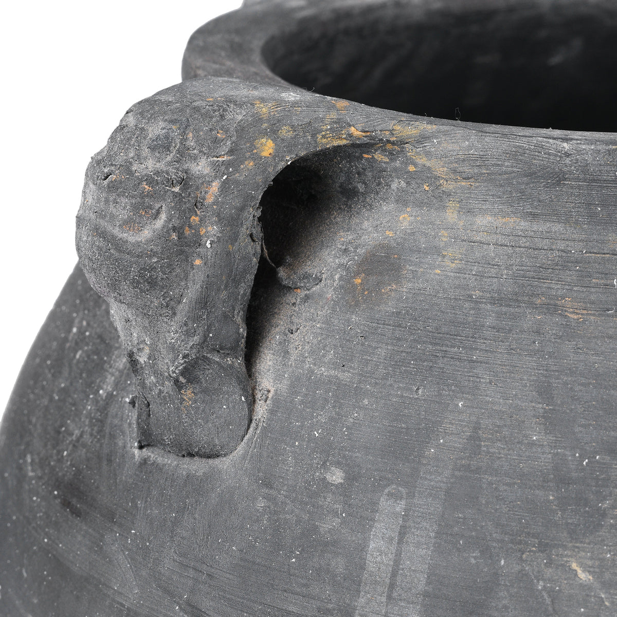 Handle Detail From 19th Century Chinese Shanxi Earthenware Storage Jar With Carved Creature Head Handles And Wabi Sabi Surface