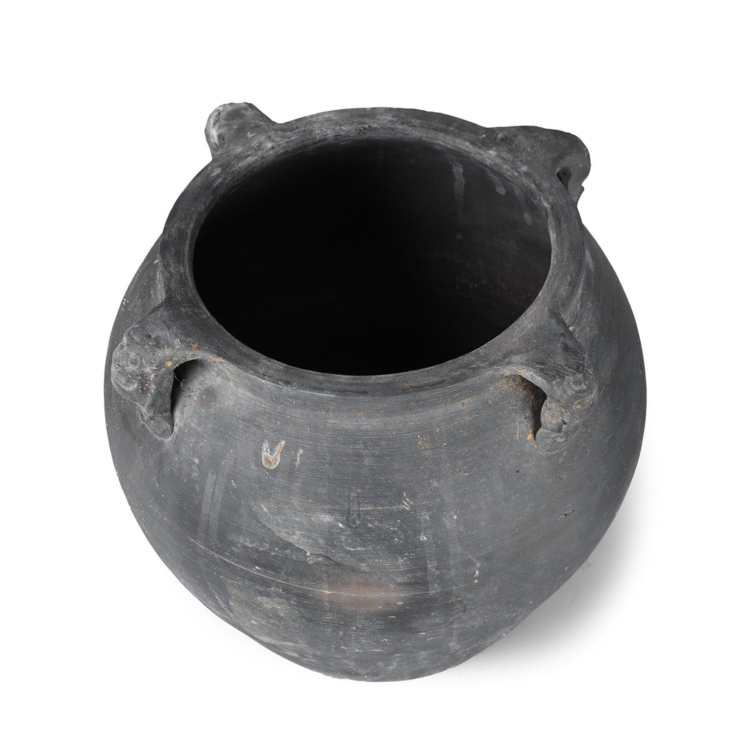 Interior View Of 19th Century Chinese Shanxi Earthenware Storage Jar With Carved Creature Head Handles And Wabi Sabi Surface