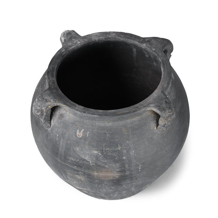 Interior View Of 19th Century Chinese Shanxi Earthenware Storage Jar With Carved Creature Head Handles And Wabi Sabi Surface