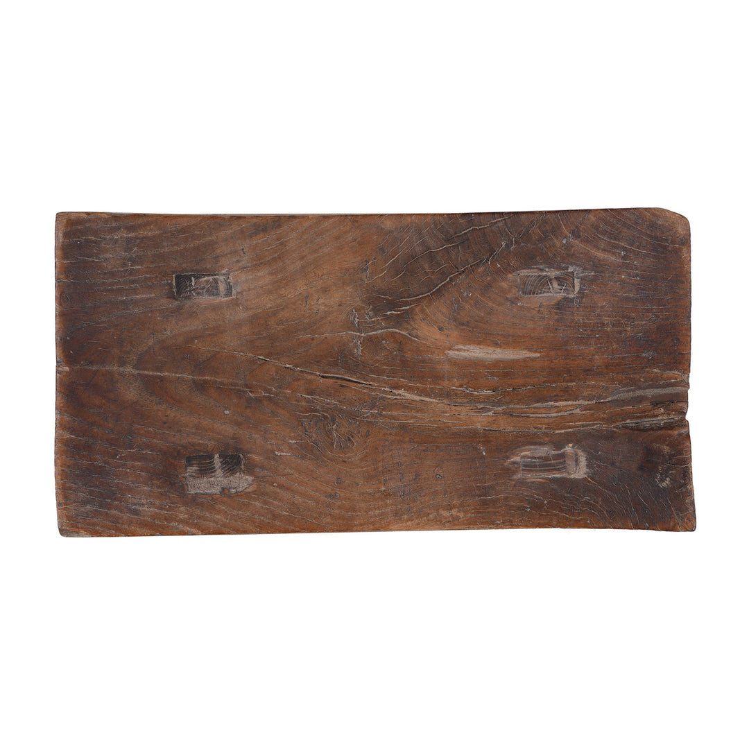 Top Down View Of Rustic 19th Century Elm Saddle Stool With Hand Shaped Seat And Stretcher Supports Showing Natural Patina And Age Wear