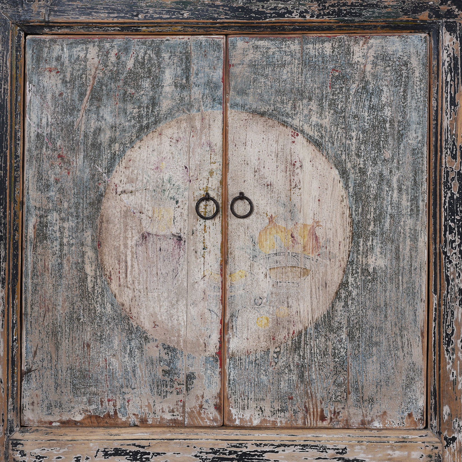 Painted Door Detail From 19th Century Mongolian Painted Sideboard With Original Faded Scholarly And Household Scenes And Modified Front Opening Doors