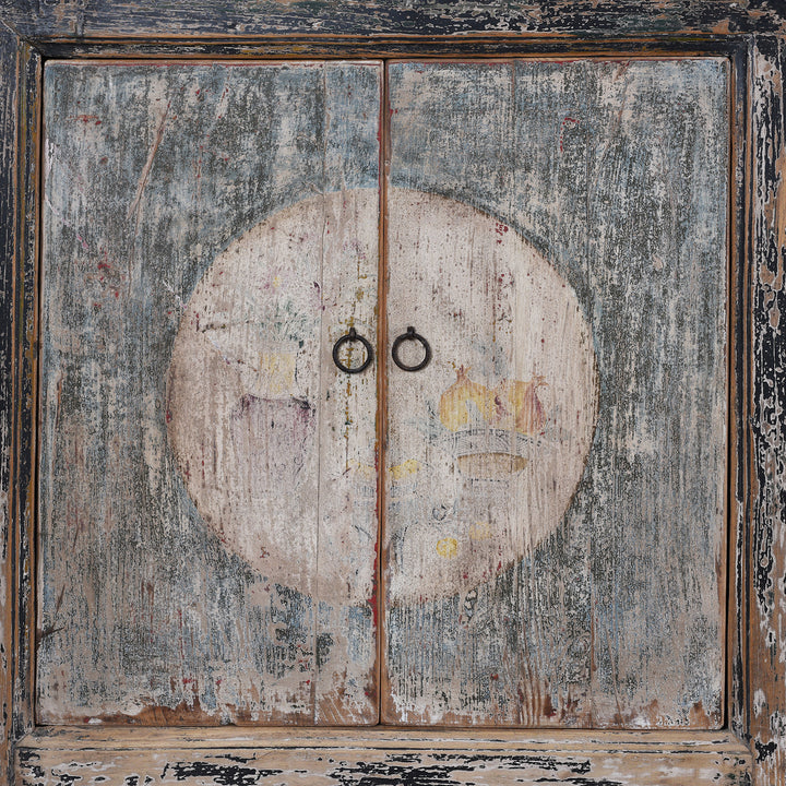 Painted Door Detail From 19th Century Mongolian Painted Sideboard With Original Faded Scholarly And Household Scenes And Modified Front Opening Doors