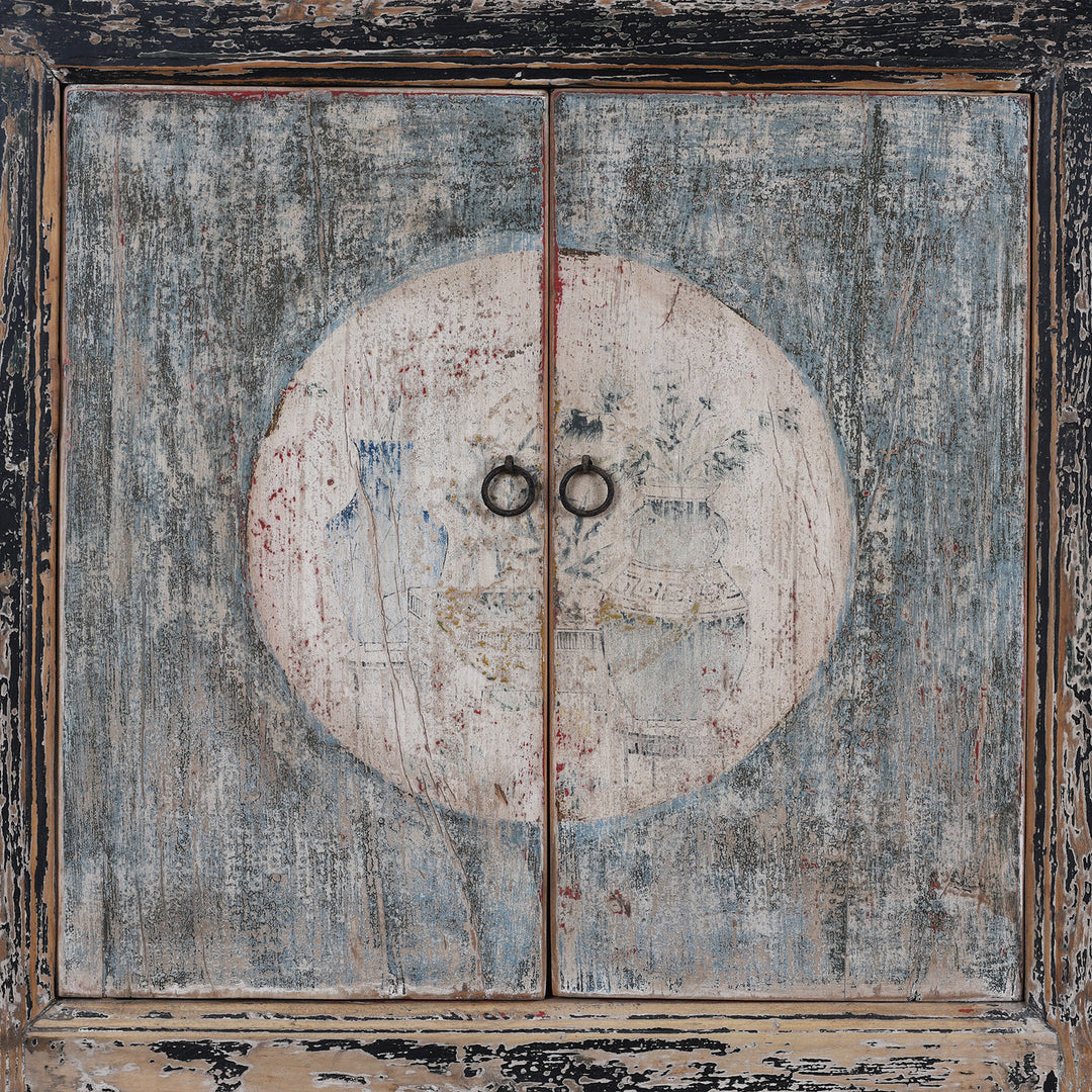 Painted Door Detail From 19th Century Mongolian Painted Sideboard With Original Faded Scholarly And Household Scenes And Modified Front Opening Doors