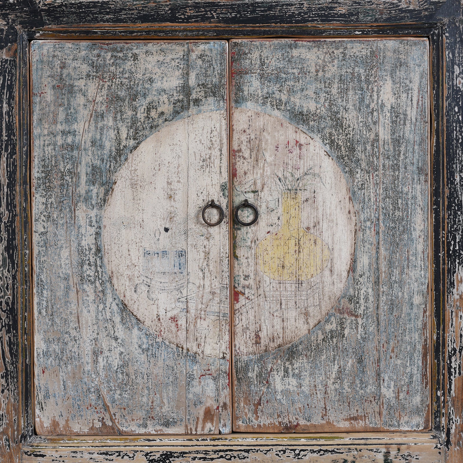 Painted Door Detail From 19th Century Mongolian Painted Sideboard With Original Faded Scholarly And Household Scenes And Modified Front Opening Doors