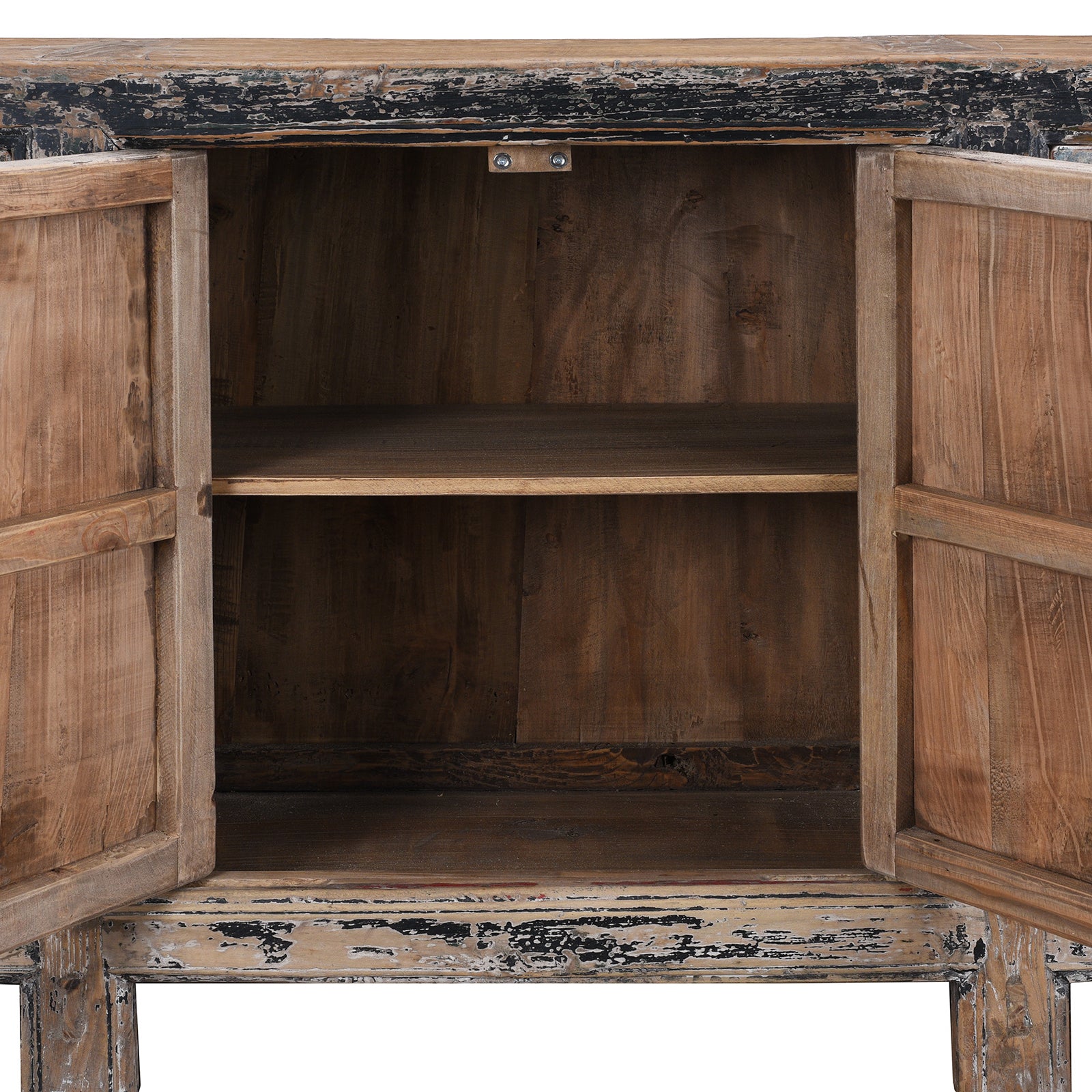 Interior Detail From 19th Century Mongolian Painted Sideboard With Original Faded Scholarly And Household Scenes And Modified Front Opening Doors