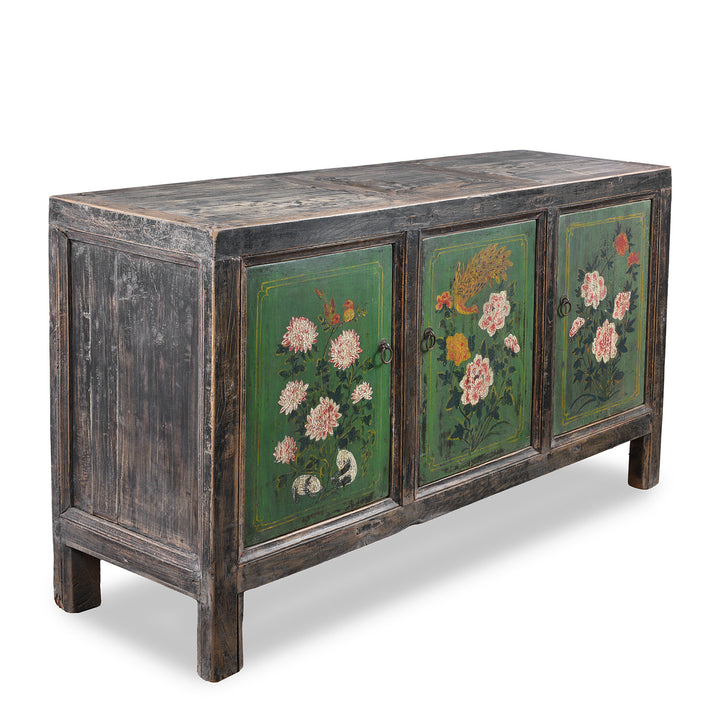 Angled View Of Antique Painted Black & Green Floral Sideboard From Shanxi  | Indigo Antiques
