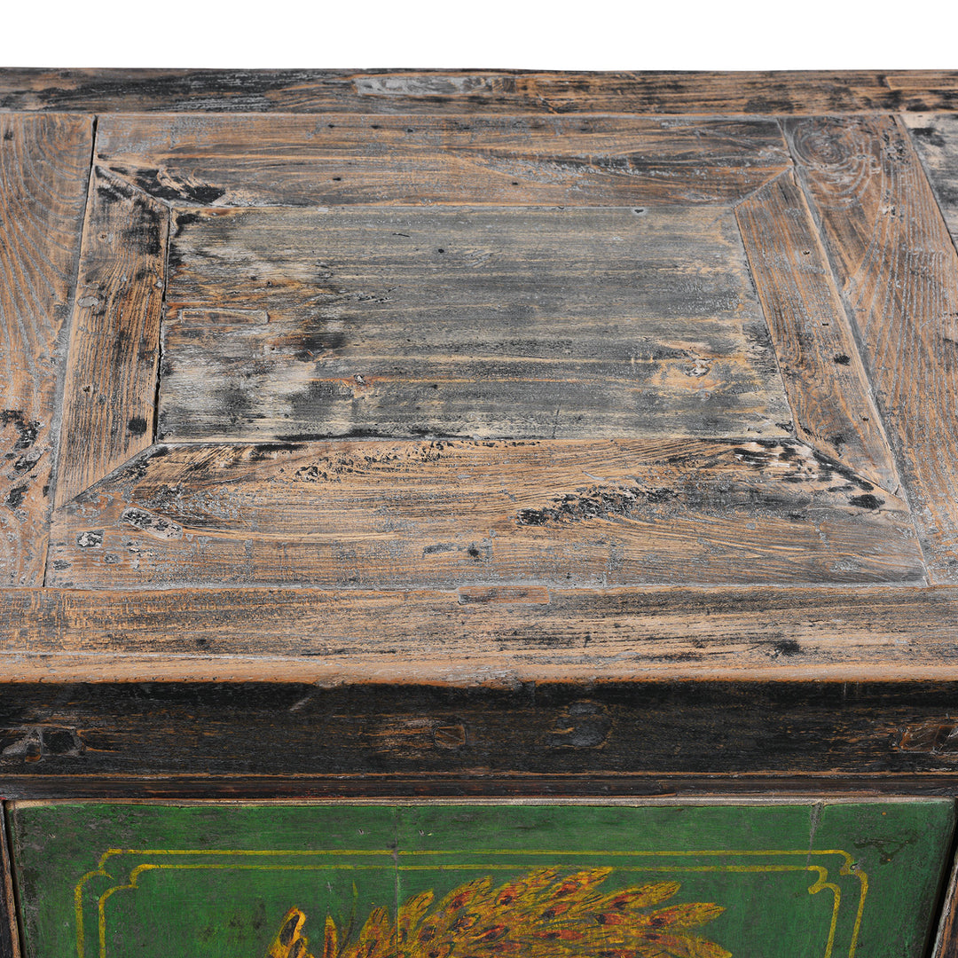 Surface Detail From Antique Painted Black & Green Floral Sideboard From Shanxi  | Indigo Antiques