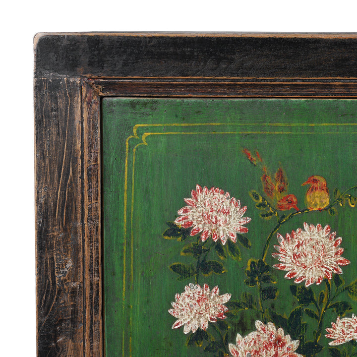 Corner Detail From Antique Painted Black & Green Floral Sideboard From Shanxi  | Indigo Antiques