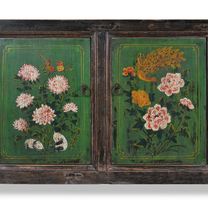 Painted Doors Detail From Antique Painted Black & Green Floral Sideboard From Shanxi  | Indigo Antiques