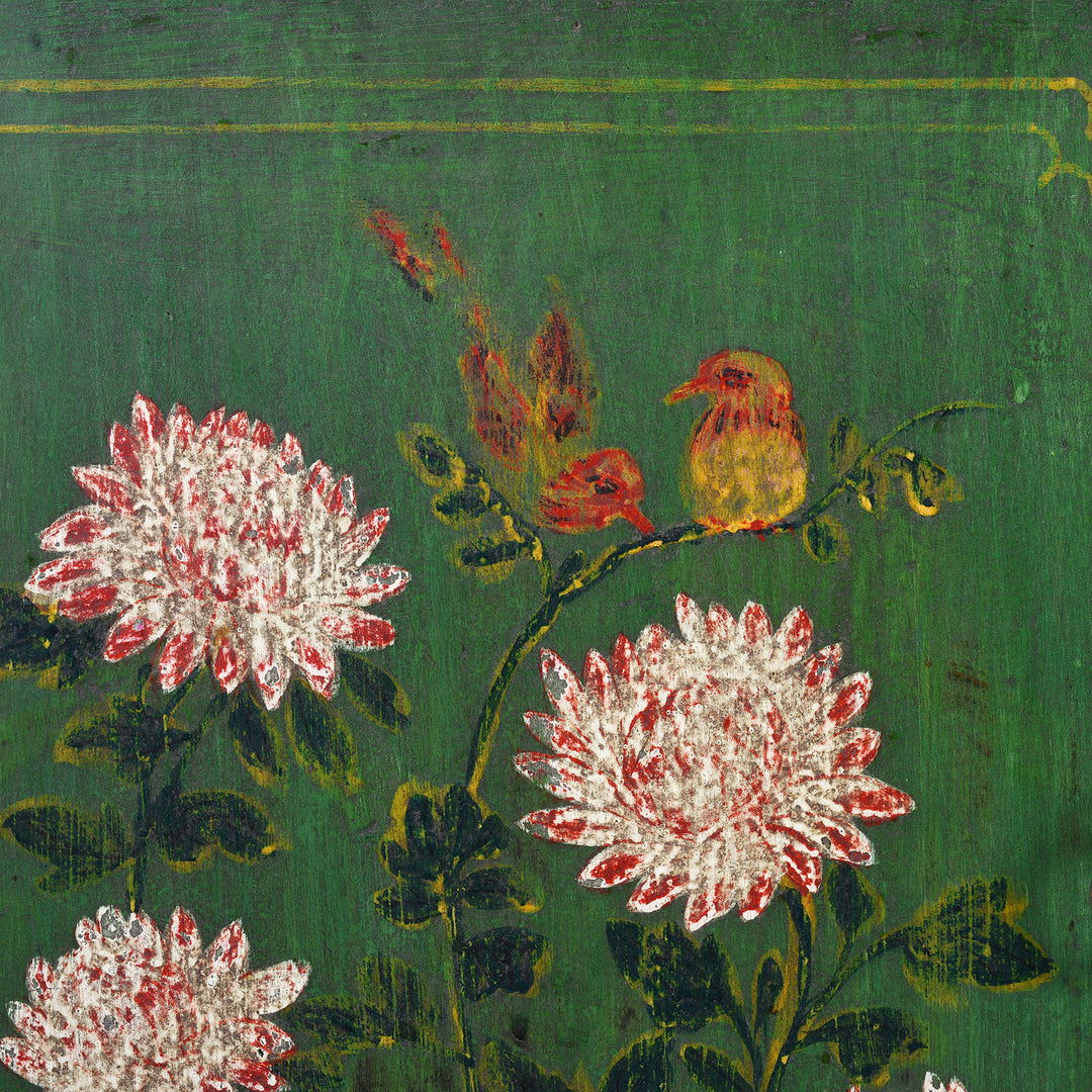 Bird Detail From Antique Painted Black & Green Floral Sideboard From Shanxi  | Indigo Antiques