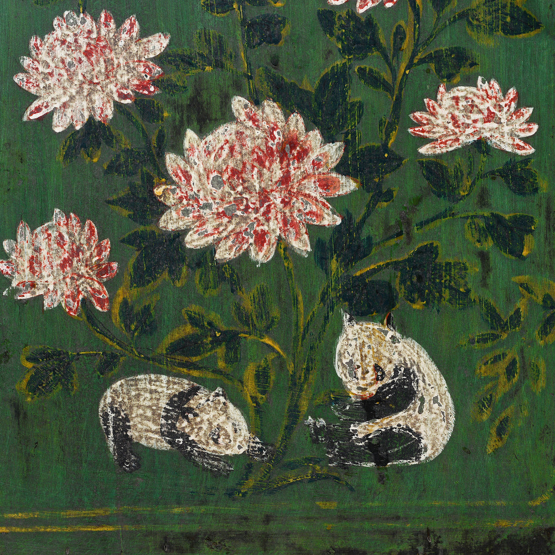 Panda Cubs Detail From Antique Painted Black & Green Floral Sideboard From Shanxi  | Indigo Antiques