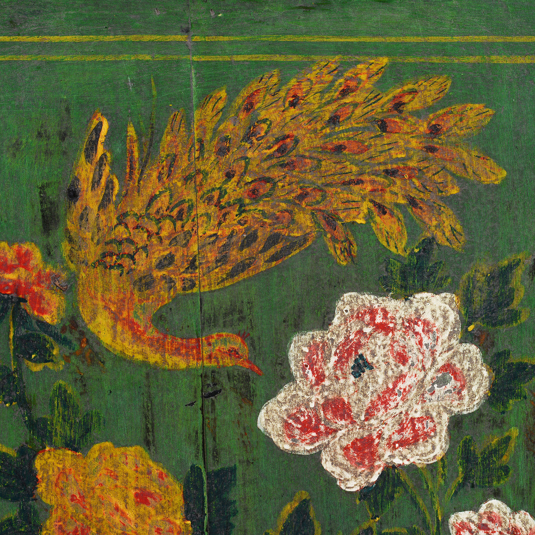 Peacock Detail From Antique Painted Black & Green Floral Sideboard From Shanxi  | Indigo Antiques