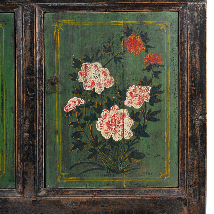 Floral Paintwork Detail From Antique Painted Black & Green Floral Sideboard From Shanxi  | Indigo Antiques
