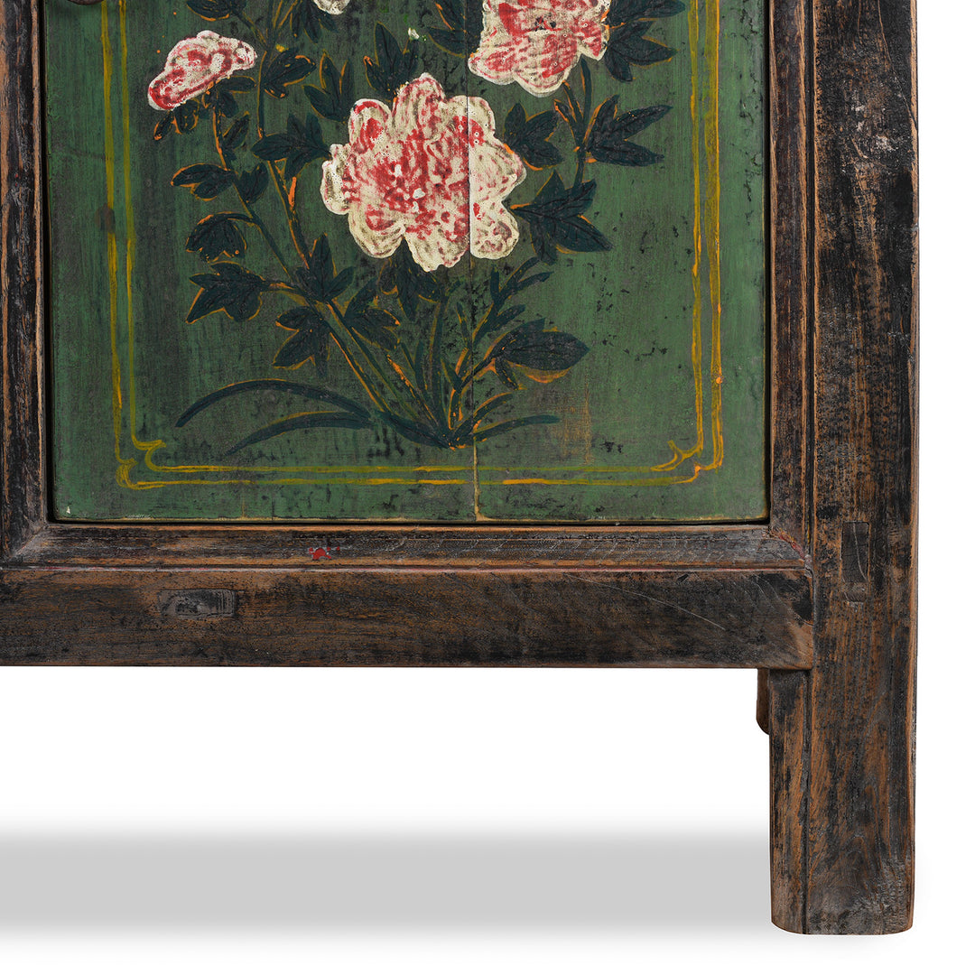 Leg Detail From Antique Painted Black & Green Floral Sideboard From Shanxi  | Indigo Antiques