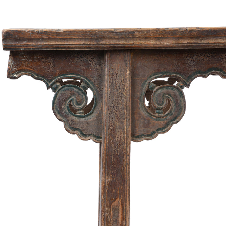 End Detail Displaying CLoud Carvings On Antique Elm Chinese Spring Bench From Shanxi | Indigo Antiques