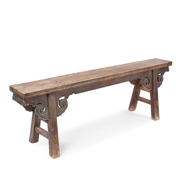 Angled VIew Of Antique Elm Chinese Spring Bench From Shanxi | Indigo Antiques