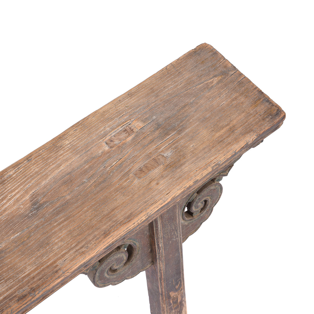 Detail From Top Of Antique Elm Chinese Spring Bench From Shanxi | Indigo Antiques