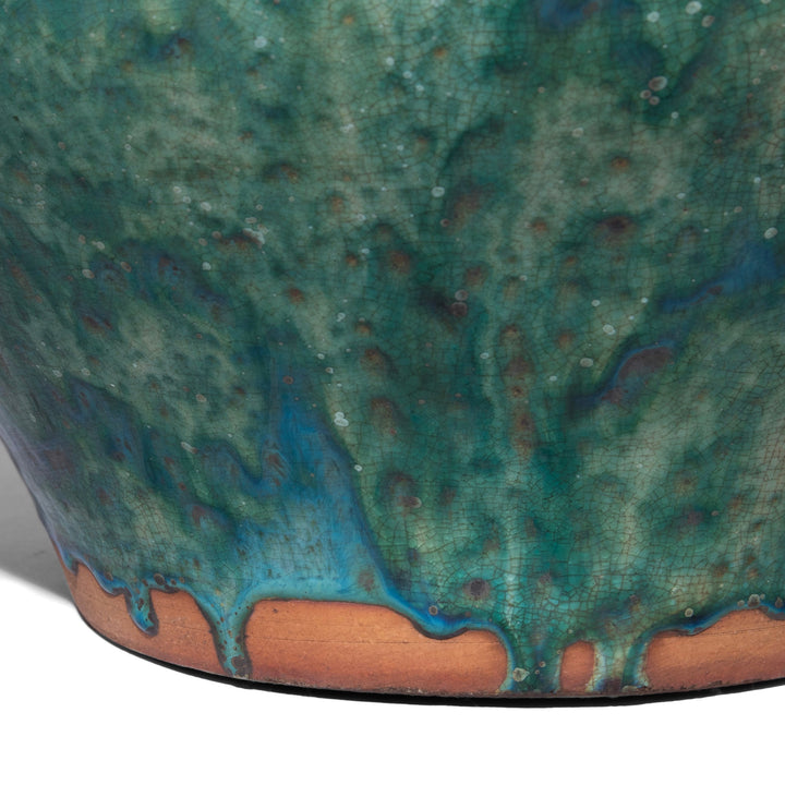 Glaze Drip Detail From Green Copper Glazed Terracotta Jar | Indigo Antiques