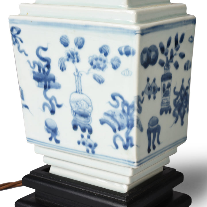 Detail From Blue & White Short Lamp With Base - Lucky Symbols | Indigo Antiques