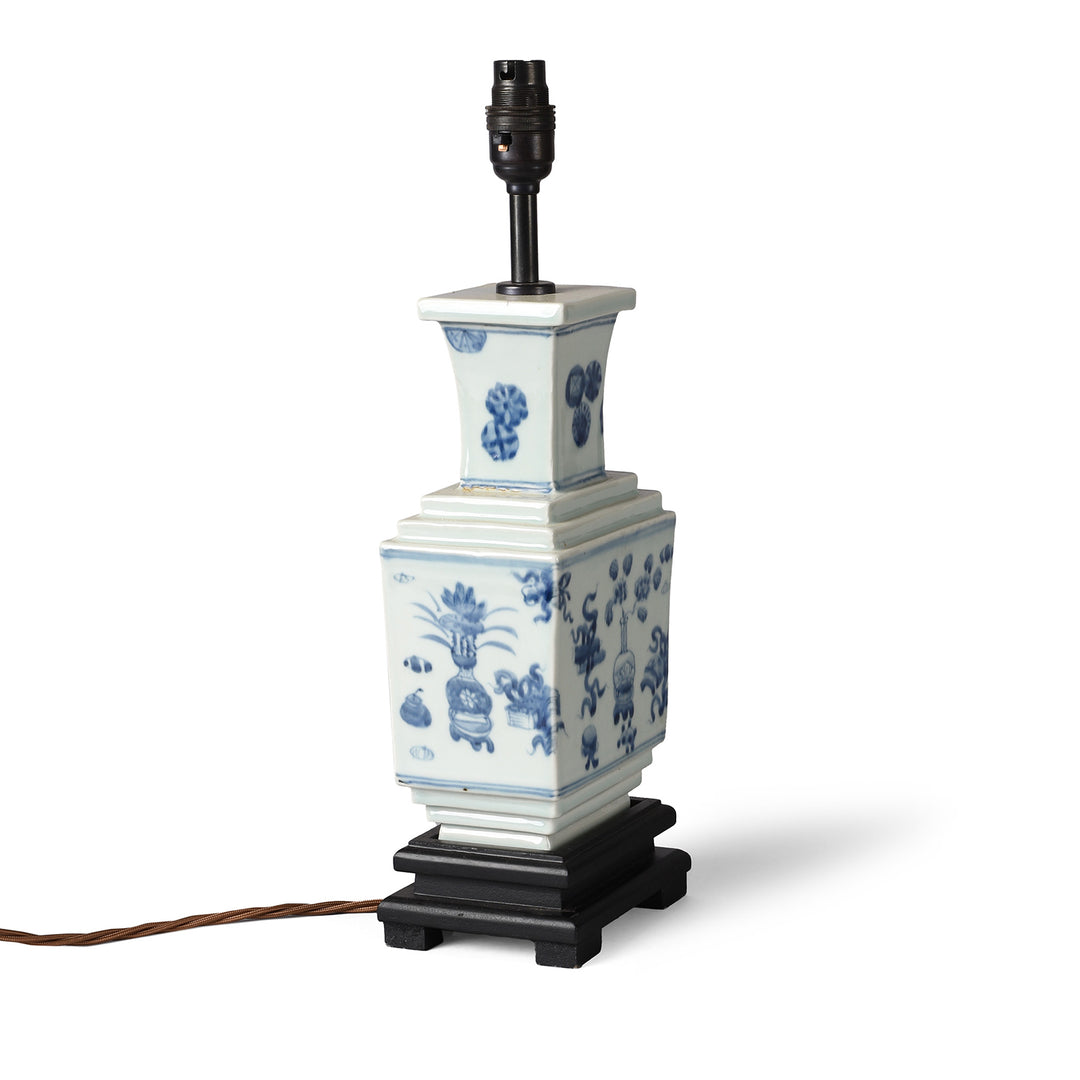 Angled View Of Blue & White Short Lamp With Base - Lucky Symbols | Indigo Antiques
