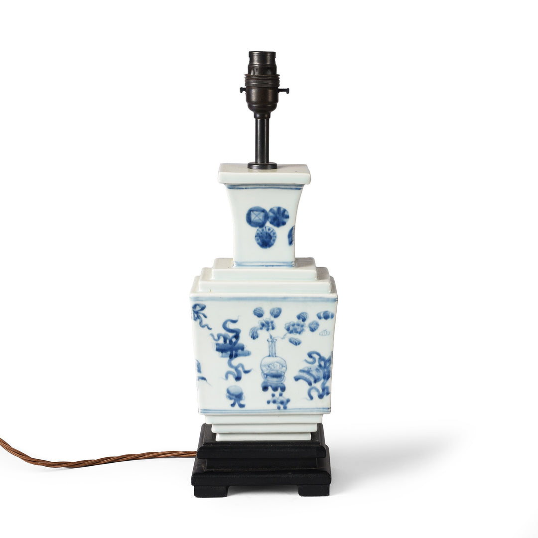 Back of Blue & White Short Lamp With Base - Lucky Symbols | Indigo Antiques