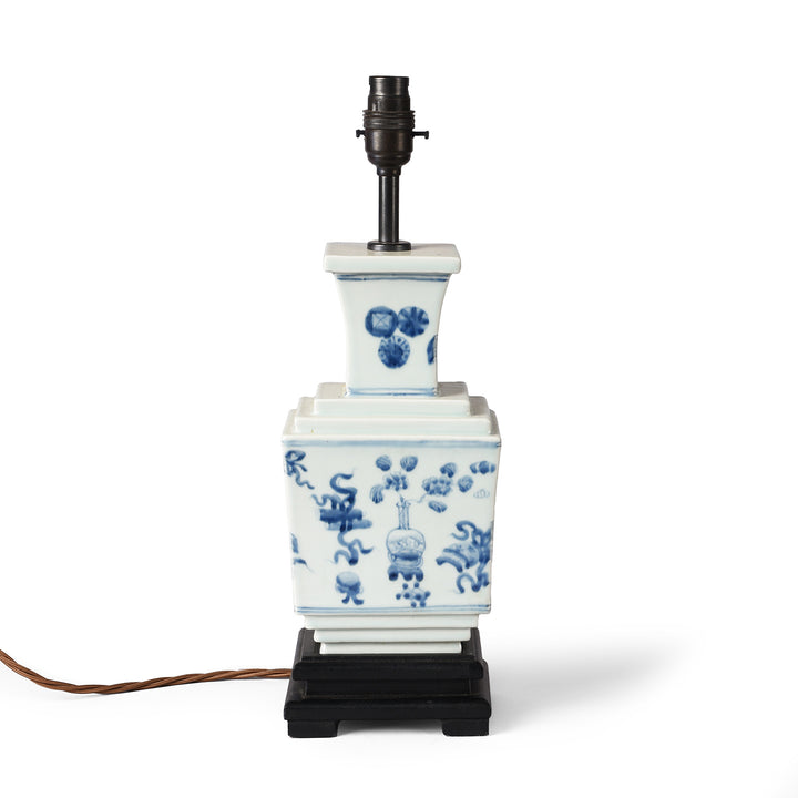 Back of Blue & White Short Lamp With Base - Lucky Symbols | Indigo Antiques