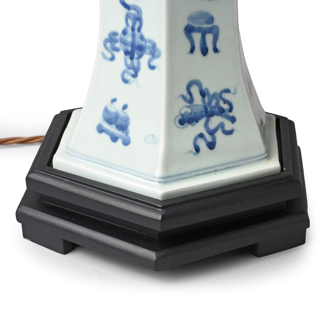 Base Detail From Blue & White Hexagonal Hourglass Lamp With Base | Indigo Antiques