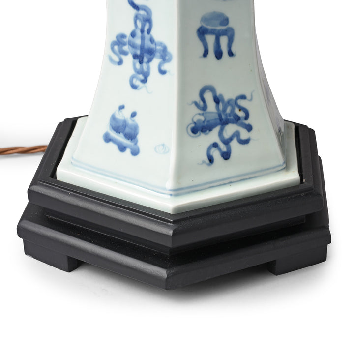 Base Detail From Blue & White Hexagonal Hourglass Lamp With Base | Indigo Antiques