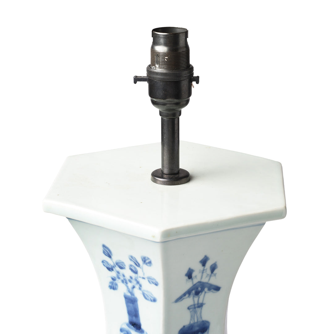 Fitting Detail From Blue & White Hexagonal Hourglass Lamp With Base | Indigo Antiques